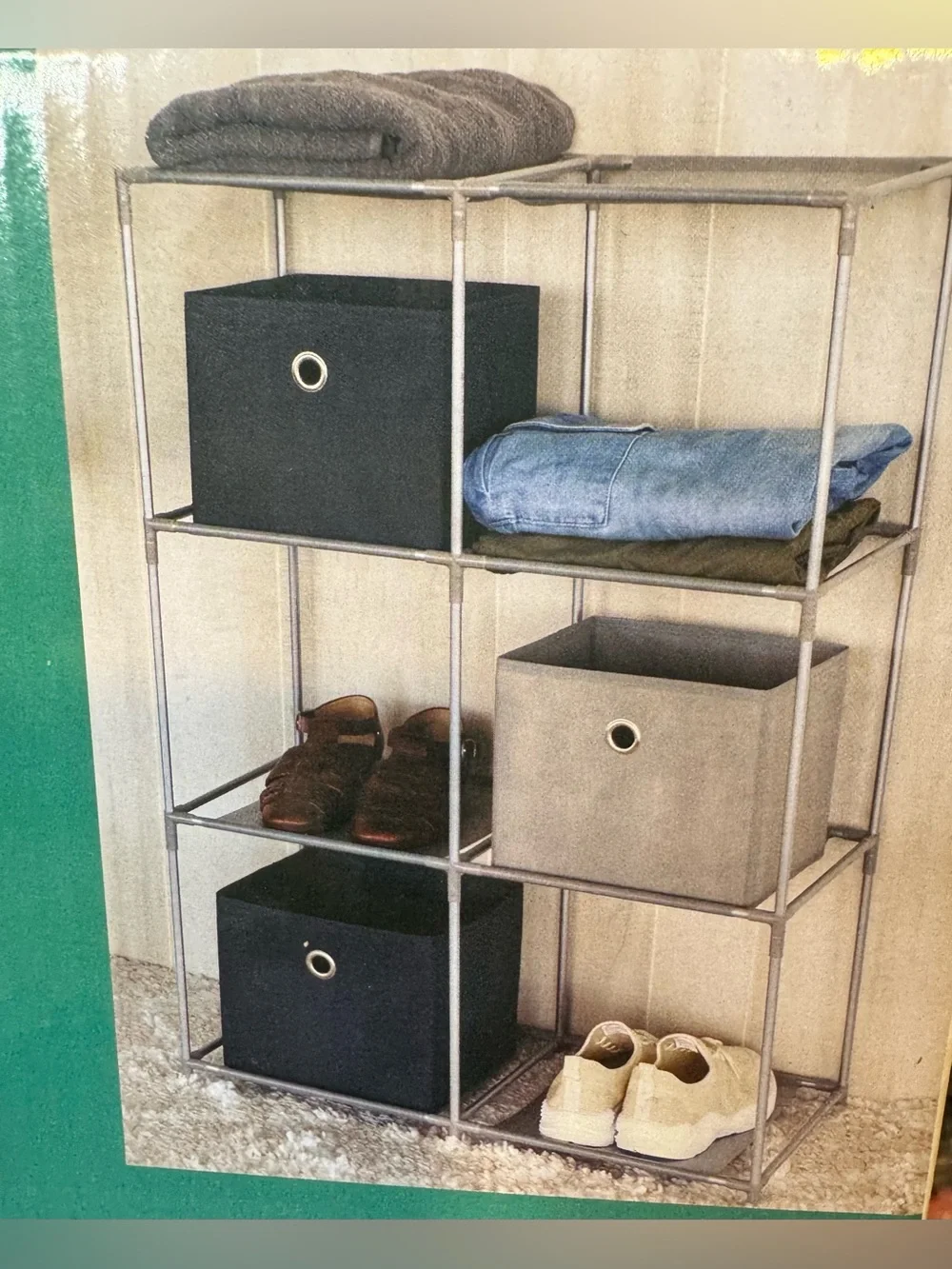 Modular Fabric Storage Bins and Metal Cube Organizer - Gray and Black 6 cubes